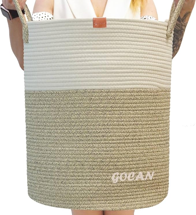 GOCAN large tall sturdier Laundry Hamper Basket Woven Storage Baskets for clothes Pillows Blanket Toy in living or bed room decoration H50XD38cm borwn/beige