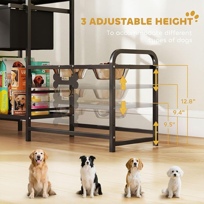 PawHut Dog Bowl Stand, 2 Feeding Stations, 3 Adjustable Heights, Black | Elevated Dog Bowls, Toy Bin Basket, Lifted Food and Water Bowl, Pet Storage Organizer, for Small, Medium, Large Pets