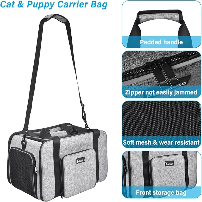 Petmolico Cat Carrier Soft-Sided Airline Approved, Medium, Grey-X863 | For small/medium cats & puppies up to 16 lbs, 3 open doors, travel-friendly pet bag