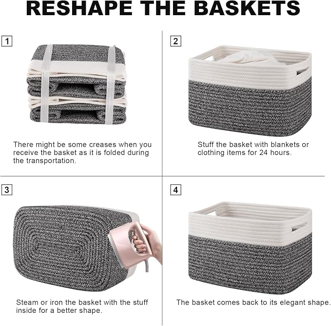 4 Pack Storage Baskets for Organizing, Woven Baskets for Shelves - Perfect for Toys, Books, Towels, and Clothes, Durable Gift Basket Bins Toy Storage, 12.7''Lx9''Wx7.8''H, Black & White