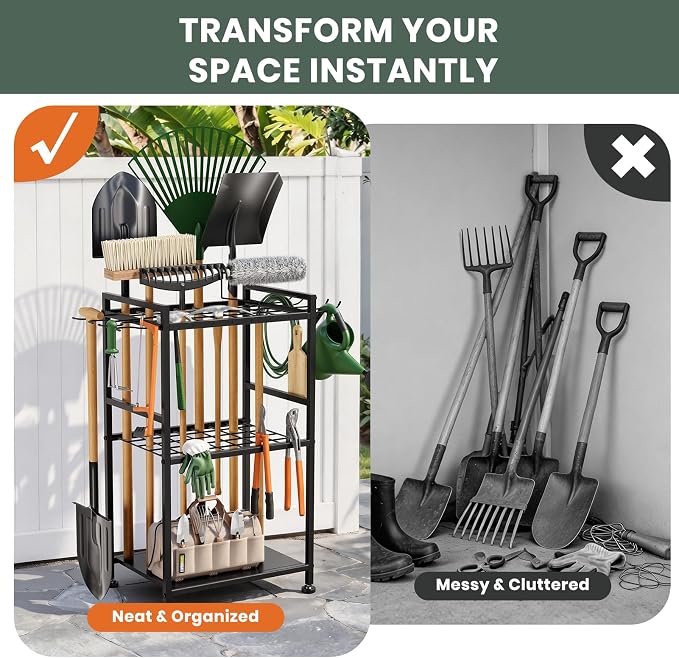 SPACECARE Garden Tool Organizer with Feet Up to 35 Long-Handled Tools Black | Yard Tower Rack for Garage Organization and Storage, Heavy Duty Steel Garden Tool Stand for Shed, Outdoor (Rakes/Brooms)