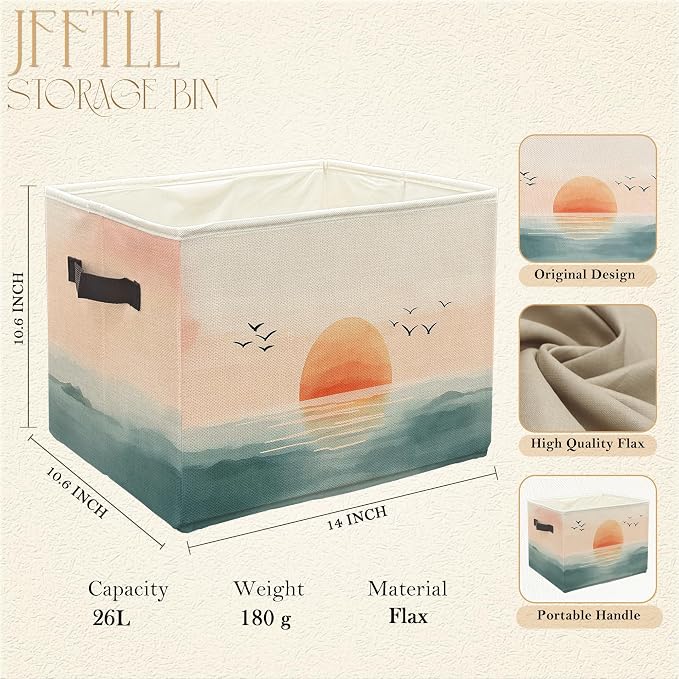 Boho Coastal Beach Sunset Storage Bins with Handles, Watercolor Coastal Ocean Landscape Collapsible Laundry Basket Storage Box for Home Bedroom Bathroom Clothes Toys Books