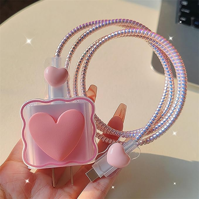 Cable Protector Charger Cover for iPhone iPad 18W/20W Charger Adapter,Kawaii Love Heart Charger Cord Protector,Soft Phone Cord Protector for iPhone iPad 18W/20W USB-C 1112 13 14 15 16 17 Pro Max-Pink