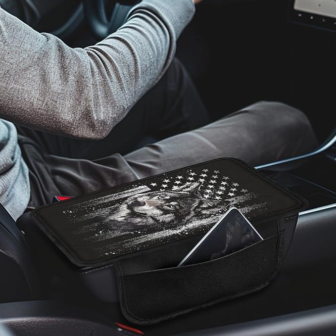 Howilath Car Console Cover, Arm Rest Cover for Car with Storage Pockets | Vintage Flag Wolf Elastic Strap Install, No Tools Needed, Washable, Protects Armrest from Pet Claws and Dirt