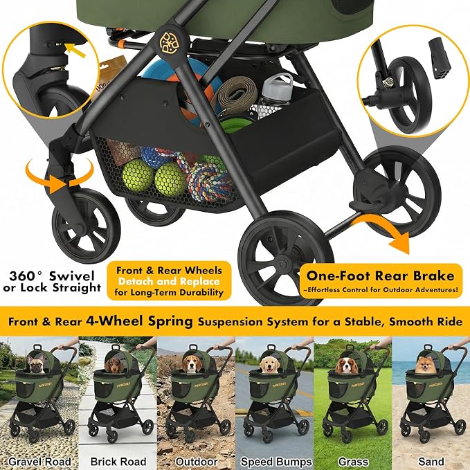 PAWZIDEA Pet Stroller 4-in-1, Foldable Cat Stroller with Detachable Carrier | Escape-Proof No-Zip Canopy, Portable Travel Crate & Car Seat Combo, for Small to Medium Dogs & Cats up 33 lbs, Storage Basket