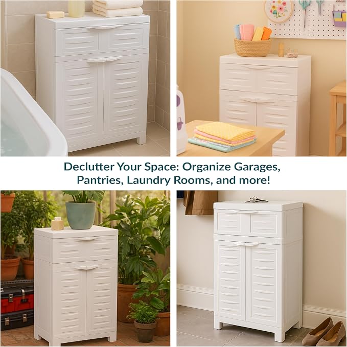 Sunnydaze 34.5" Garage Storage Cabinet with Adjusting Shelf, Speckled White | Heavy Duty Resin Storage Cabinet Resists Rust & Peeling, Utility Cabinet with Drawer & Anti-Tip Kit for Laundry, Office