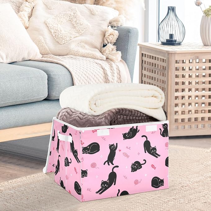 Cute Black Cat Storage Bin Foldable Collapsible Fabric with Lid Handles 40L | Decorative Storage Boxes, 300D Oxford Cloth, Hollow Board Frame, Flip Top Velcro Lid, 16.5x12.6x11.8 inch, Collapsible Design