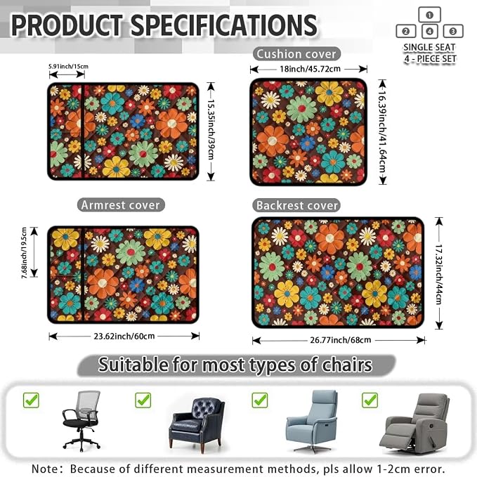 Colorful Daisy Recliner Chair Slipcover Waterproof 4 Piece | Retro Recliner Chair Covers Quilted Non Slip Washable Furniture Protector for Armchairs Wingback Lazy Boy Reclining Chairs