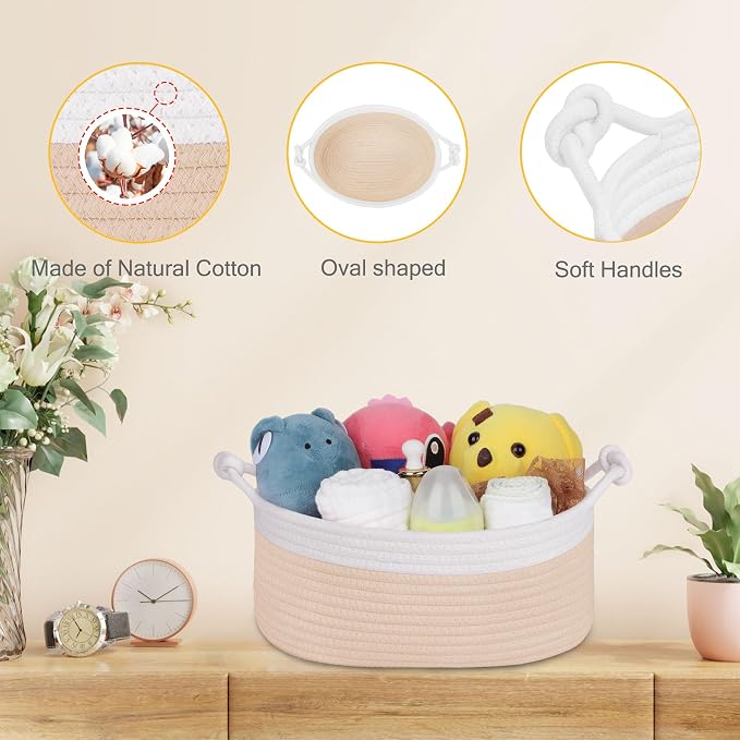 Small Empty Gift Basket with Bag & Ribbons, White & Beige | 12“x8”x5”, Cotton Rope Woven Basket for Birthdays, Baby Showers, Mother's Day, Christmas; Stores Small Items, Kids & Pet Toys