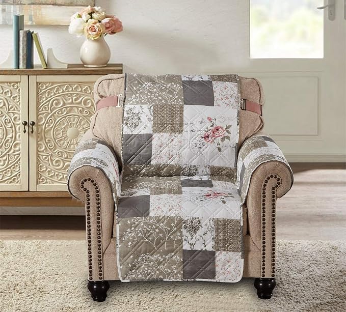 Brilliant Sunshine Pink Rose & Grey Toile Couch Armchair Cover, 23" seat | Quilted Sofa Cover, Living Room & Bedroom Furniture Protector, Washable Chair Slipcover for Pets, Dogs & Cats