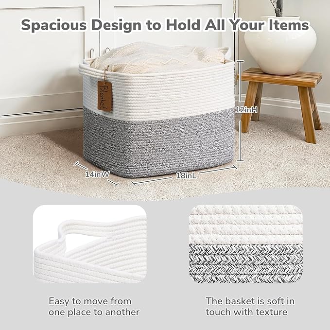 Goodpick 50L Large Woven Rope Storage Basket with Handles, Light Gray | 18" × 14" × 12" Stylish Gift Basket for Living Room & Nursery Organization, Fits Blankets, Toys & Home Essentials Storage