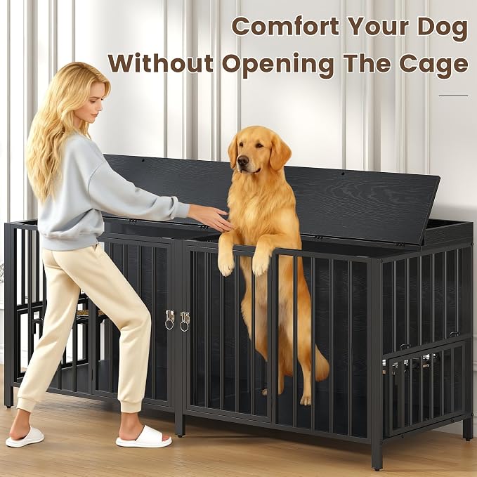 BOINN 78 Inch Dog Crate, Large Dog Crate for 2 Dogs, Dog Kennel Indoor for Large/Medium Dogs with Top Access Door, XL Wooden Dog Cage with 360 Degree Rotatable Stainless Bowls, Heavy Duty Steel Frame