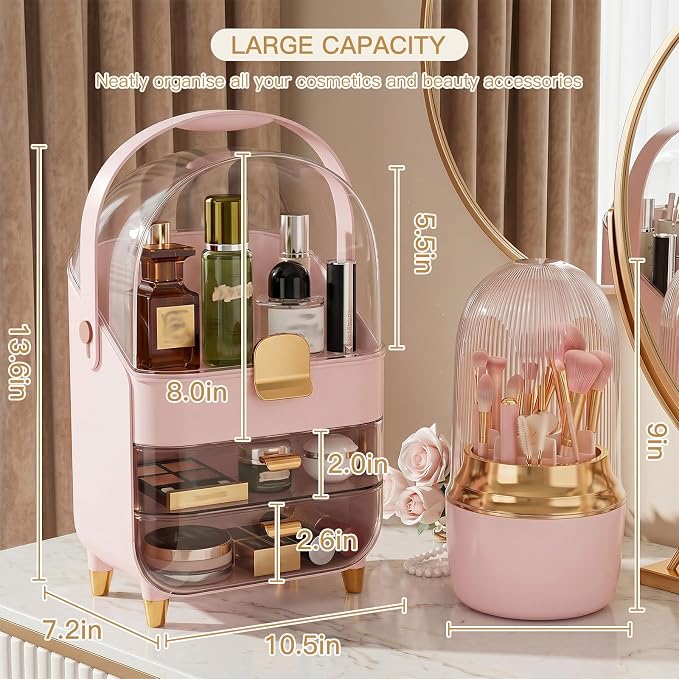 Large Pink Makeup Organizer Set with Clear Dome Cover and Brush Holder, 2-Tier Skincare Storage Case with 3 Pull-Out Drawers for Cosmetics, Lipsticks, Jewelry, and Beauty Tools（Pink）