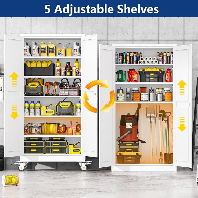 Ckzbx Metal Large Garage Storage Cabinet with Locking Doors and Adjustable Shelves,73.6" H Rolling Tool Storage with Wheels for Garage,Office (White)