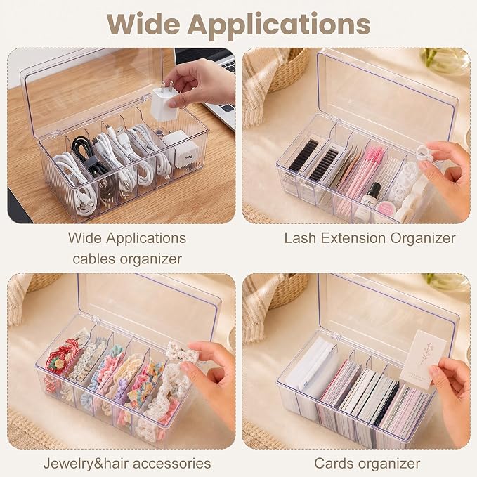 2 Pack Lash Extension Organizer with 6 Compartments, Clear Acrylic Eyelash Cart Storage Boxes with Lid, Stackable Dustproof Eyelash Extension Supplies Storage Container for Lash Techs Salon Home