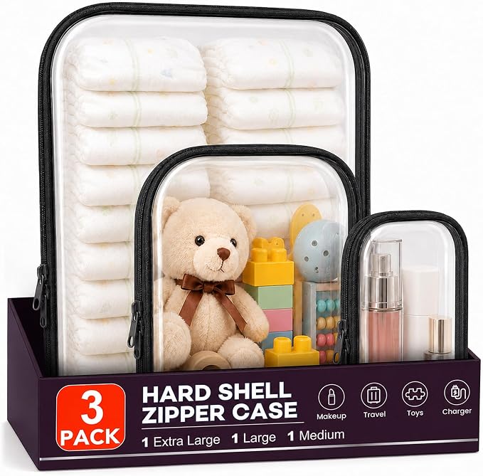 3 Pack Clear Hard Shell Zipper Case (1XL + 1L + 1M, Black) | Travel Toiletry Bag, Waterproof 1.2mm PET Hard Plastic Pouches, Organizer Box for Makeup, Toy, Snack, Stationery, Diaper