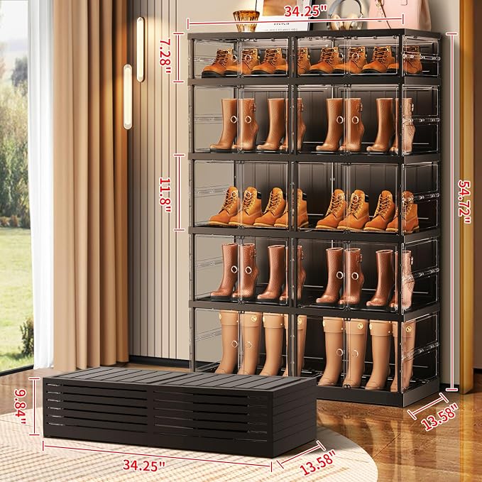 CIMLORD 5-Tier Foldable Shoe Rack Organizer for Boots, 20 Pairs, Black | Collapsible Large Plastic Shoe Cabinet Storage, Fits Tall Boots, Stackable with Lids, Easy Assembly, for Closet & Entryway