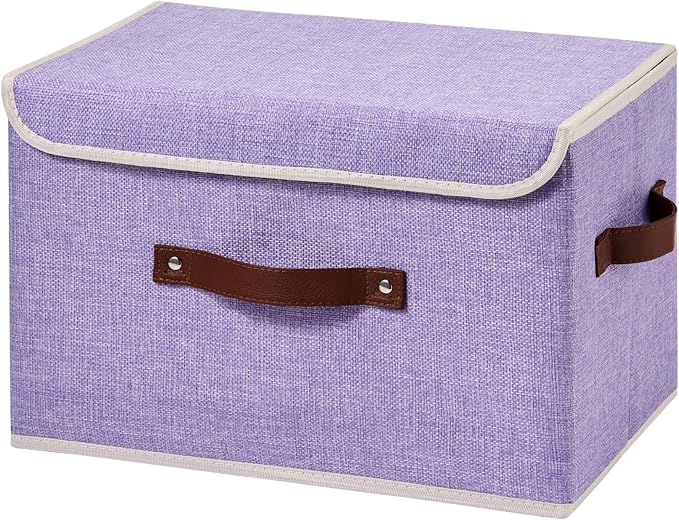 Storage Boxes with Lids Cotton Linen Fabric Bins Baskets | Decorative Collapsible Washable, Clothes Container Organizer for Closet Shelf, w/ Faux Leather Handles, Purple, Large