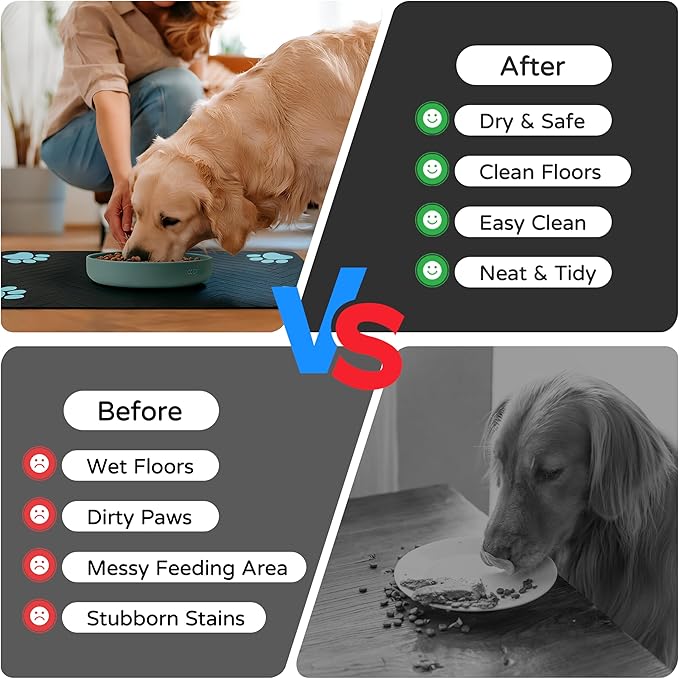 Pet Feeding Mat-Absorbent Dog Feeding Mat for Food and Water Bowl,No Stains Pet Placemat,Quick Drying Water Dispenser Mat for Dog and Cat,Easy to Clean Dog Accessories(L,Black Blue Paw)