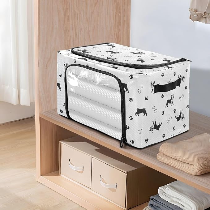 Pets Dogs White pattern Under Bed Storage Containers with Double Zipper Openings, Foldable Clothes Storage Bins with Clear Window and Handles for Bedding Blankets Comforters