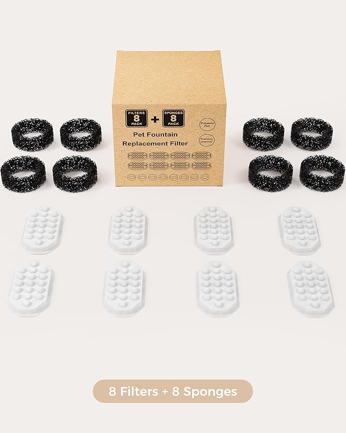 Neareal Official 8 Pack Cat Water Fountain Replacement Filters & Pre-Filter Sponges for 108oz/3.2 Stainless Steel Pet Water Fountain
