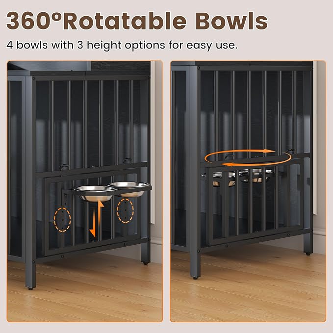BOINN 78 Inch Dog Crate, Large Dog Crate for 2 Dogs, Dog Kennel Indoor for Large/Medium Dogs with Top Access Door, XL Wooden Dog Cage with 360 Degree Rotatable Stainless Bowls, Heavy Duty Steel Frame