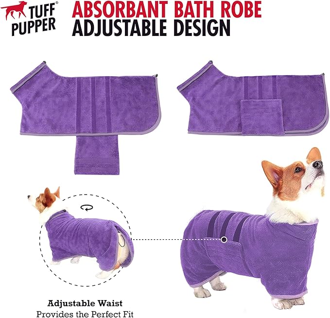 Tuff Pupper Fast Drying Dog Bath Robe | 800 GSM Plush Dog Towel Bathrobe/Dressing Gown | Super Absorbent Pet/Puppy Bathrobe | Adjustable Hood & Belly Strap | Super Soft | Fast Drying (M, Purple)