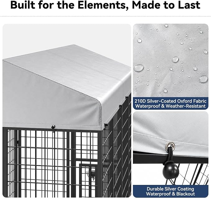 ROOMTEC 8 x 4 FT Outdoor Dog Kennel Cover, Replacement Canopy Only | Silver, 210D Coated Oxford, Waterproof, UV, 12 Secure Fasteners, Designed for ROOMTEC Kennels