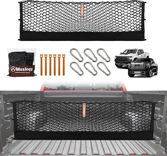 Muslogy Cargo Net for 2013-2026 Chevy Silverado GMC Sierra 1500/2500/3500HD | Custom Fit, Truck Bed Storage Organizer Net for Pickup Truck Bed Divider, Heavy Duty Carabiners, Night Visible Grab Handle