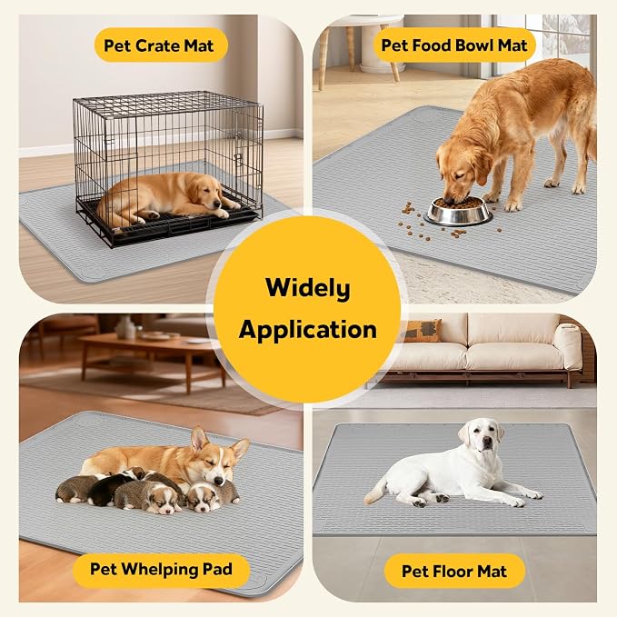 Silicone Dog Crate Mat 34"x 22" Under Dog Crate Kennel Pad Mat, Light Grey | Extra Large Dog Cage Mat, Non-Slip Waterproof Dog Playpen Mat, Reusable Washable Dog Mat for Crate, Protect Floors