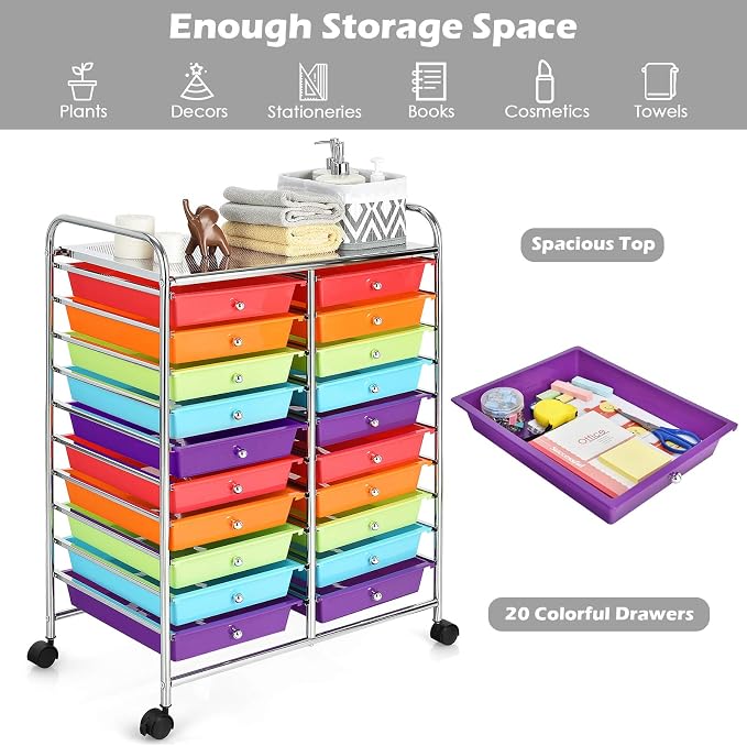 20 Drawer Rolling Storage Cart, Art Cart Organizer with Wheels for Makeup, Tool, Paper, Multipurpose Craft Storage Cart with Drawers for Office, Home, Classroom, Teacher, School (Multi-Color)
