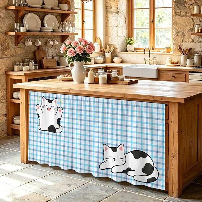 Cute Cat Cabinet Curtains 28"x51" Sink Skirt for Bathroom Kitchen, Blue Purple Checked Modern Pet Cats Rustic Self Stick Adhesive Under Desk Covers Tall Laundry Cabinet Storage Organizer