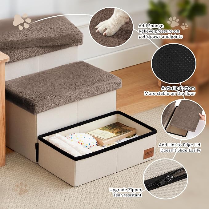 Love's cabin Dog Stairs for High Bed, Foldable Pet Stairs for Small Medium or Large Dogs Puppy with Storage for Bed or Couch, Cat Dog Steps Ramp with Zip up to 200 lbs, Brown, 3 Steps