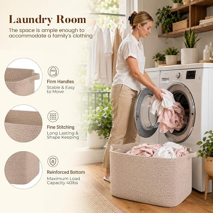 65L Large Woven Blanket Basket for Living Room, 19.7"x15.7"x11.8" | Nursery Laundry Hamper with Handle for Organizing Blankets, Pillows, Toy Storage With Handle, Large Baskets for Organizing