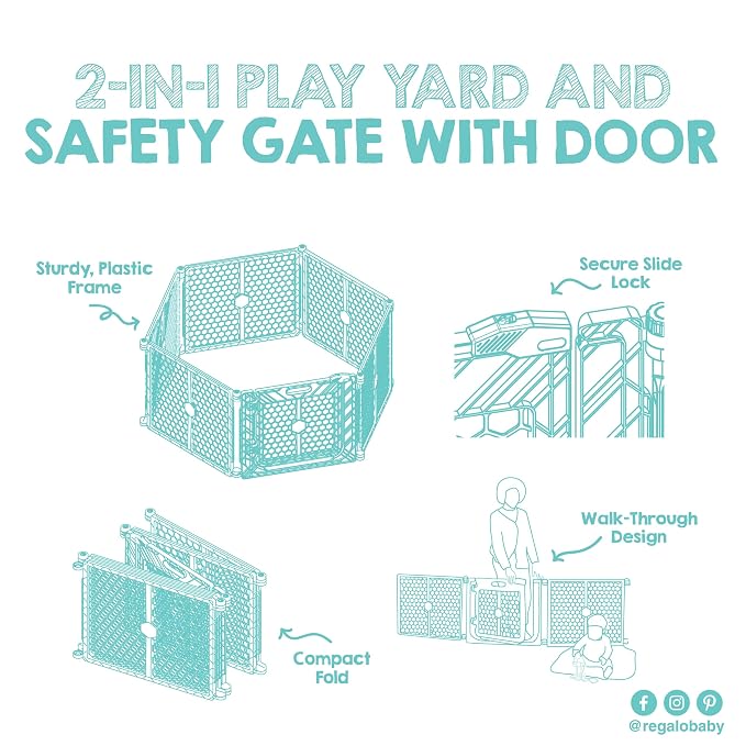Regalo Safety 192" Plastic Super Wide Baby Gate & Play Yard with Door | Adjustable Playpen, For Doorways & Open Spaces, For Babies, Toddlers & Pets, Brown, Tested & Trusted for 30 Years
