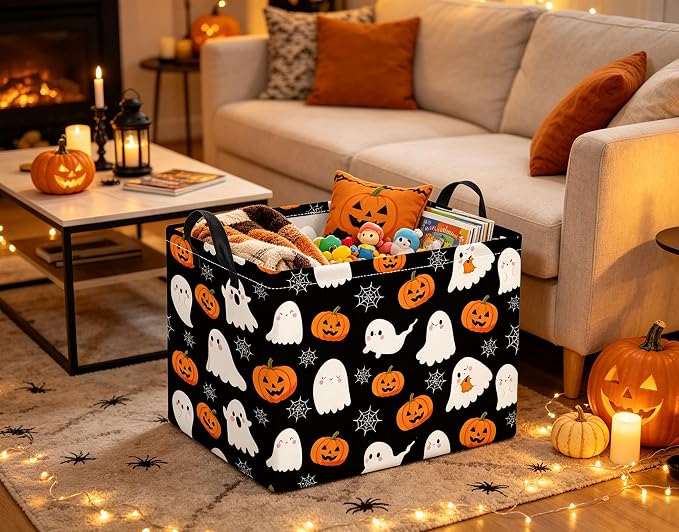 Rectangular Halloween Basket for Boys and Girls Kids Trick or Treat Pumpkin Basket for Halloween Parties Cute Storage Bin Organizer Box Room Decor(Spider Web Ghost)
