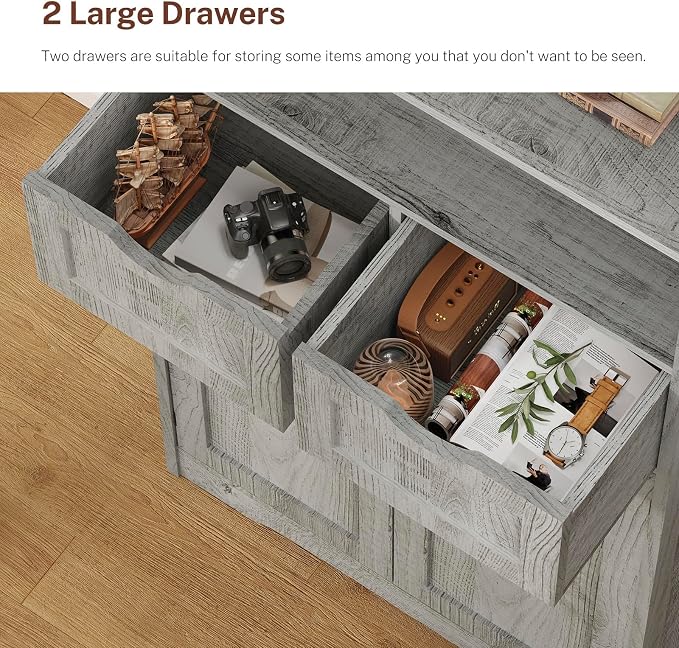 TEENFON 57.8" H Tall Storage Cabinet with 2 Drawers & 2 Adjustable Shelves, Bathroom Storage Cabinet with 4 Doors, Floor Cupboard, for Living Room, Dining Room, Entryway, Woodgrain Gray