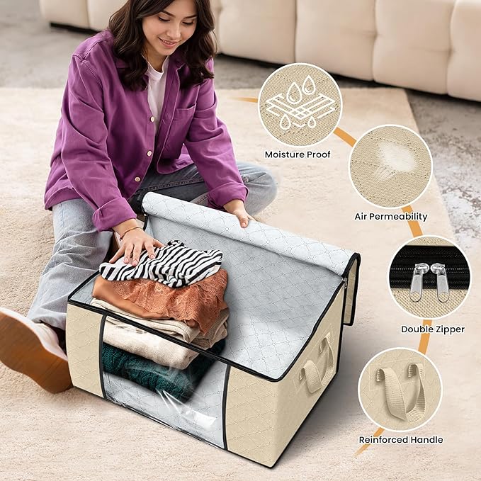 6 Pack Storage Bags for Clothes Blanket Storage Bins with Lids | Foldable Closet Organizers with Zippers,Window and Handles,Fabric Storage Bins for Sweater,Comforter,Bedding,Dorm essentials