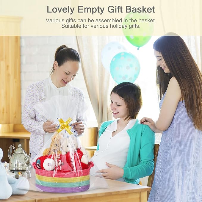 Small Empty Gift Basket with Bag & Ribbons, Rainbow | 12“x8”x5”, Cotton Rope Woven Basket for Birthdays, Baby Showers, Mother's Day, Christmas; Stores Small Items, Kids & Pet Toys