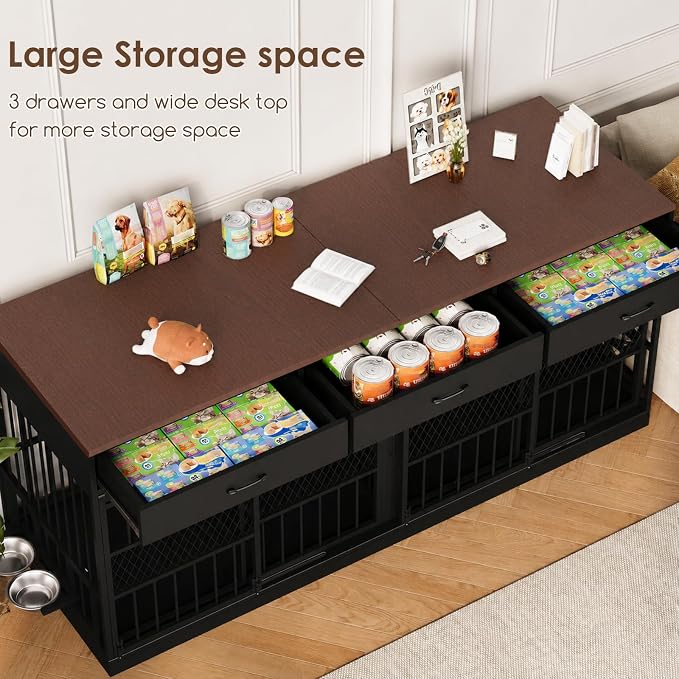 78.7" Extra Large Dog Crate Furniture TV Stand w/ 3 Drawers for 2 Dog | 2-in-1 crate & TV stand w/ removable divider. 3 drawers. 360° steel bowls. Heavy-duty, chew-proof. Fits large breeds.