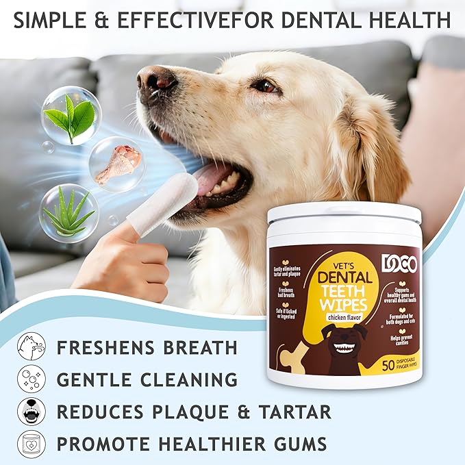 DOCO Pet Dog Teeth Cleaning Wipes – Deodorizing Finger Wipes for Dogs & Cats | Helps Reduce Plaque & Tartar Buildup, Supports Fresh Breath, No Rinse (Chicken, 100 Count)