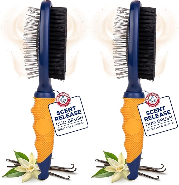 Arm & Hammer Deodorizing 2-in-1 Pin & Bristle Dog Brush, Fragrance Transfer Technology with Baking Soda, Detangling & Shedding, Dog Grooming Brush for Long Hair, Sweet Lily & Vanilla Scent - 2 Pack