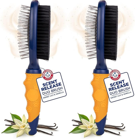 Arm & Hammer Deodorizing 2-in-1 Pin & Bristle Dog Brush, Fragrance Transfer Technology with Baking Soda, Detangling & Shedding, Dog Grooming Brush for Long Hair, Sweet Lily & Vanilla Scent - 2 Pack