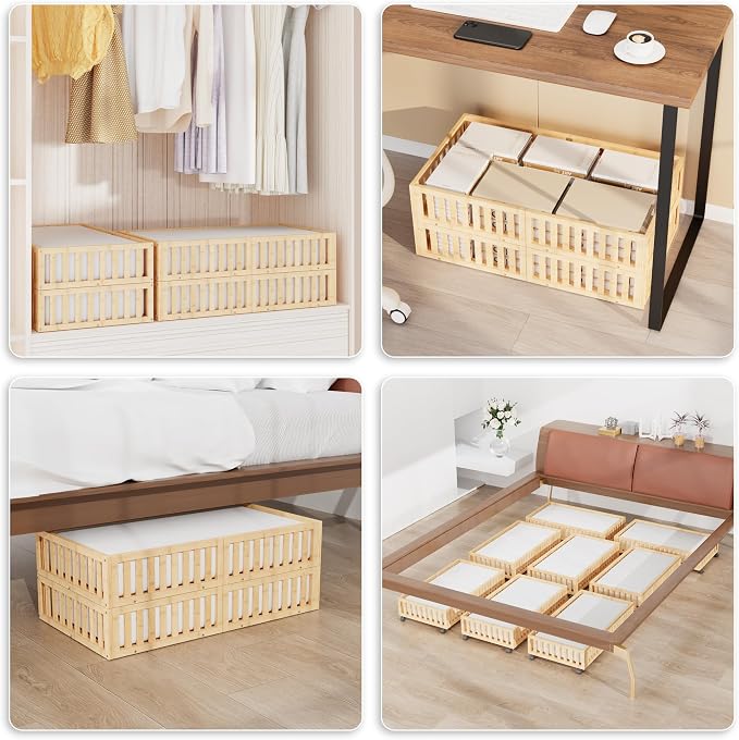 Under Bed Storage with Wheels, 2 Pcs Bamboo Drawers for Clothes and Toy | 360° wheels glide smoothly. Sturdy bamboo frames hold clothes, shoes, bedding and toys. Easy pullout access keeps rooms tidy