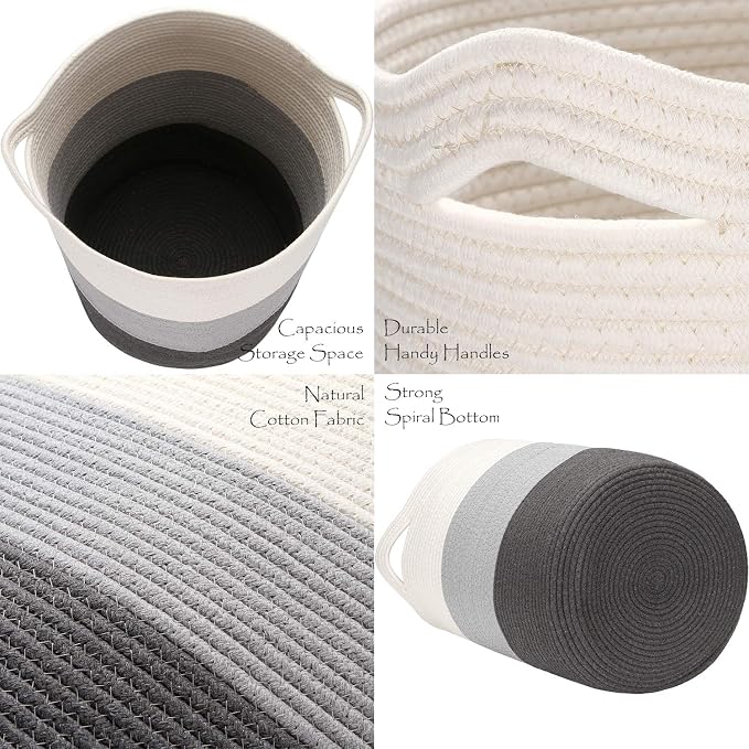 Sea Team Large Woven Cotton Rope Laundry Basket with Handles, 20 x 14 in | Collapsible Knitted Hamper, Closet Shelf Organizers, Containers for Clothing, Blankets, Toys, Bedding, Gray