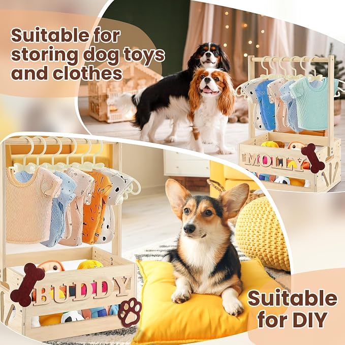 Teenyyou 20 x 13 x 9 Wooden Dog Closet Pet Wardrobe Crate Box with Hanging Rods and Personalized Alphabet Letters Easy Assembly Baskets for Dog Cat Toys Clothes Accessories(Wood)