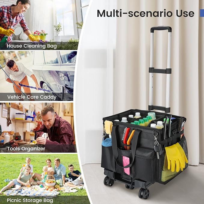 Housolution Extra Large Rolling Cleaning Caddy Bag with Wheels, Black | Upgrade 360° Free Rotating, Detachable Trolley & Dust-Proof Lid, High load Bearing & Waterproof
