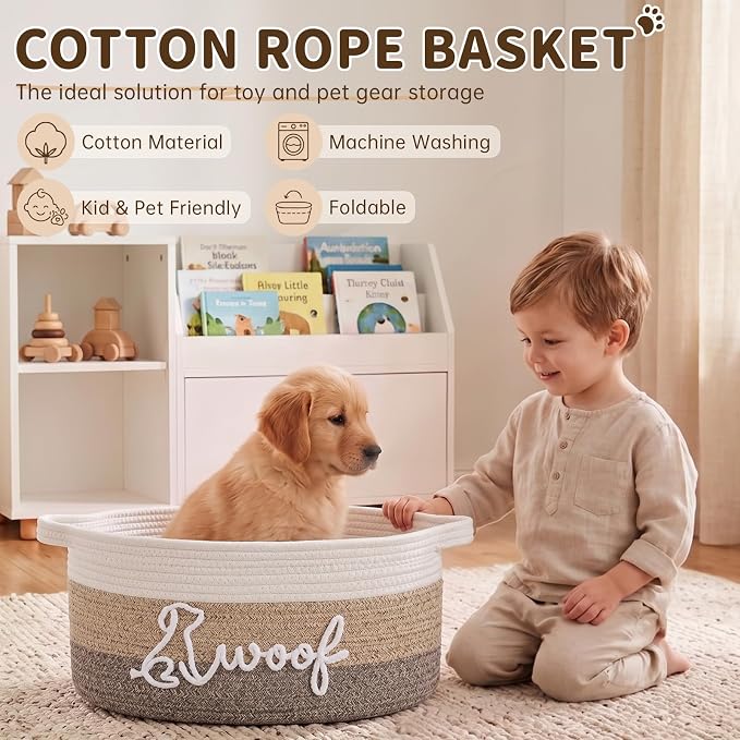 OIAHOMY 14L Large Dog Toy Basket, 16.1"x9.5"x7" Cotton Rope Basket with Cute Woof Embroidery, Soft Woven Pet Toy Box with Handles for Blankets, Leashes & Puppy Accessories, Decorative Organizer Brown