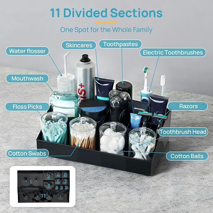 Vtopmart 5 PCS Bathroom Countertop Organizer Sets, Black | 1 Divided Tray with 4 Qtip Holder Jars, For Toothbrush, Cotton Pads Balls, Floss, For Bathroom Countertop