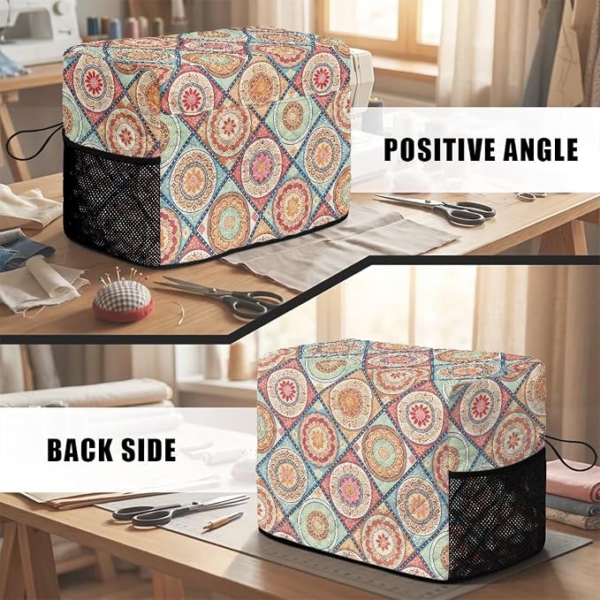 Sewing Machine Cover Polyester Febric Diamond Vintage Mandala | Dust Pet Hair Protection,Quilting Design,Fits Standard Singer,Brother Janome Machines,Protecting Decorating Your Sewing Space